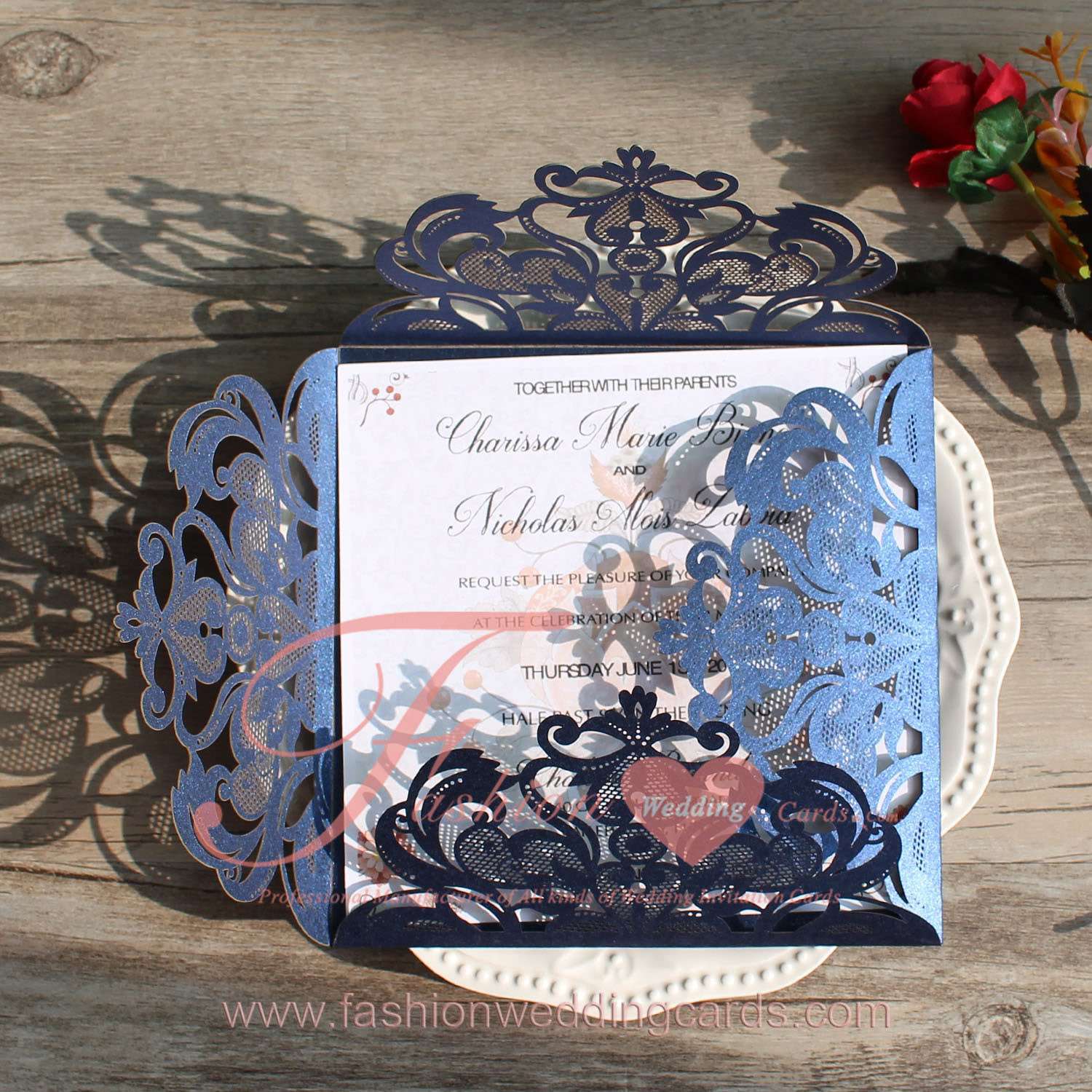 Graceful Navy Blue Laser Cut Wedding Invitation for Sale